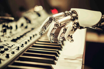 Poster -  robot is playing a keyboard with its hands. The robot is white and has a metallic appearance. The keyboard is black and has many keys