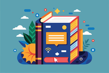Poster - A flat illustration showcases a customizable dictionary surrounded by vibrant leaves and decorative symbols, emphasizing creativity and learning.