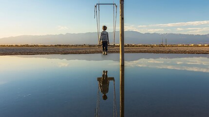 Canvas Print - A child swings alone at sunset in a tranquil desert landscape with water reflecting the mountains in the background