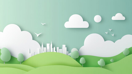 Vector illustration of a green Earth with white clouds, trees, and buildings on it, in a paper-cut style with a simple background