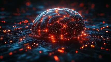 Poster - A 3D Rendered Digital Brain with Glowing Nodes and Circuitry