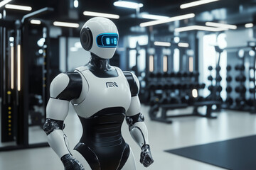 Aufkleber - robot is standing in a gym with a blue face. The robot is wearing a white outfit and has a black belt. The robot is looking at the camera with a serious expression