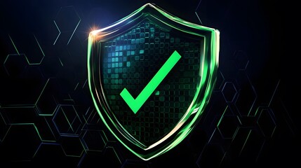 
Protection. Healthcare. Insurance. Cyber security. Network safety. Protection shield with green Check mark icon inside transparent sphere shield with hexagon pattern on black background. Vector illus