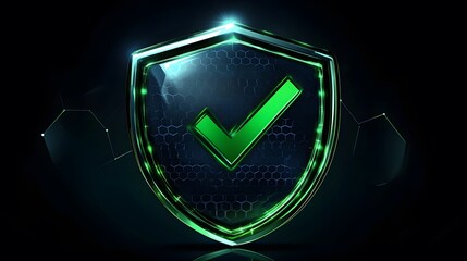 
Protection. Healthcare. Insurance. Cyber security. Network safety. Protection shield with green Check mark icon inside transparent sphere shield with hexagon pattern on black background. Vector illus