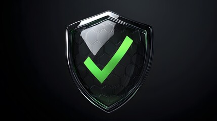 
Protection. Healthcare. Insurance. Cyber security. Network safety. Protection shield with green Check mark icon inside transparent sphere shield with hexagon pattern on black background. Vector illus