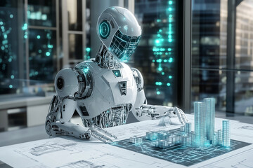 Aufkleber - robot is sitting at a desk with a computer screen in front of it. The robot is wearing a white shirt and blue pants. The robot is working on a project, possibly designing a building or a city