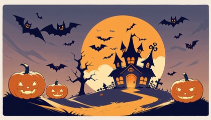 illustration of a Halloween night with moon and pumpkin background