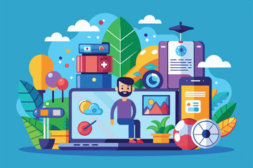 Poster - a young man interacts with various digital devices like a laptop and smartphones, surrounded by vibr