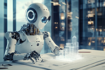 Aufkleber - robot is sitting on a desk with blue and white colors. The robot is designed to look like a human, and it is working on a computer. The robot's design suggests that it is a futuristic creation