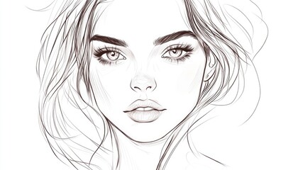 Line art illustration of a beautiful young woman s face featuring makeup Fashionable portrait sketch on a clean white background