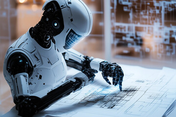 Aufkleber - robot is drawing on a piece of paper. The robot is white and has a blue hand