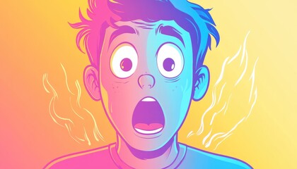 Line art illustration featuring a cold gradient drawing of a surprised cartoon character