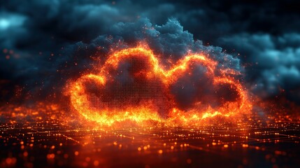 Poster - Flaming Cloud Symbol on a Digital Network Landscape