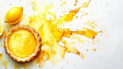 Wall Mural - Watercolor Painting of Lemon Tart with Lemon Slices.