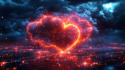 Poster - Glowing Red Heart Shape Emerging from Dark Clouds Over a Digital City