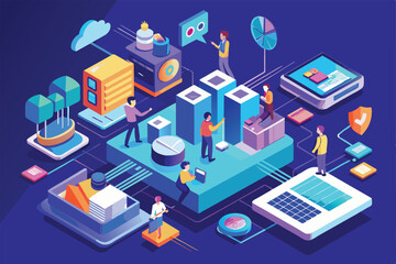 Poster - A vibrant depiction of people engaging with digital tools and technologies in a customizable workspace signifying the concept of digital transformation.