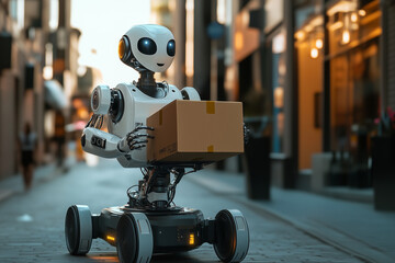 Aufkleber - robot is holding a box in its hand. The robot is white and has blue eyes. The robot is in a room with a lot of light