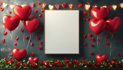 Festive Valentines Day backdrop featuring heart-shaped balloons and ample space for personalized text