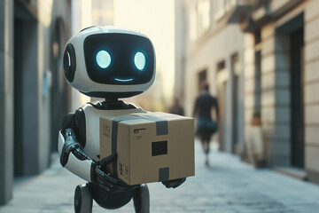 Poster - robot is holding a box and smiling. the robot is in a city street with people walking by
