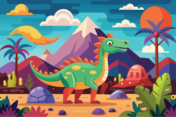 A cheerful dinosaur stands in a vibrant prehistoric landscape, with colorful mountains and lush plants under a bright sun and fluffy clouds.