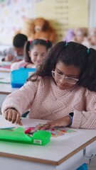 Aufkleber - Girl, color and art at school with thinking, education or creativity with progress for scholarship at academy. Child, test and drawing with butterfly, learning and development with paper in classroom