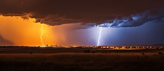 Wall Mural - Dramatic Lightning Storm Over Cityscape at Sunset with Striking Orange and Blue Sky