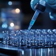 © Digi A - A close-up of a scientist's hand using a pipette to transfer liquid into glass vials in a laboratory setting.