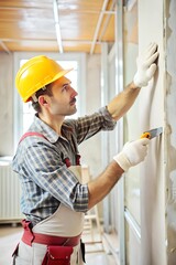 Worker builder plasterer plastering a wall of drywall at a construction site indoors