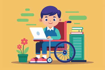 Poster - A young disabled student uses a laptop in a wheelchair, surrounded by books and plants, focused on their studies during a bright morning.