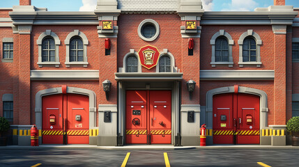 Wall Mural - A fire station with a bold 3D front featuring firefighter motifs and emblems. 3d firefighter. Illustrations
