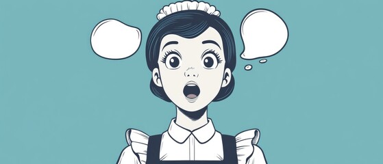 Line art illustration of a cartoon maid expressing surprise featuring a thought bubble above her head