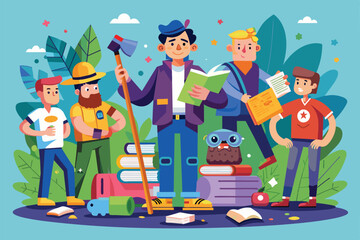 Poster - A group of diverse individuals showcases enthusiasm for reading, holding books and tools in a vibrant environment filled with plants and colorful elements.