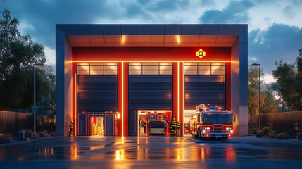 Wall Mural - A fire station with a bold 3D front featuring firefighter motifs and emblems. 3d firefighter. Illustrations
