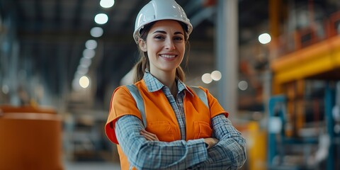 Poster - smiling female engineer in protective helmet and uniform crossing arms while standing in blurred fac