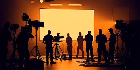Poster - Silhouette images of video production behind the scenes. making of TV commercial movie that film crew team lightman and cameraman working together with film director in studio. film production concept