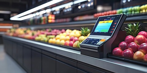 Poster - Self-Service Checkout Terminal in a Fruit Section of a Supermarket. 