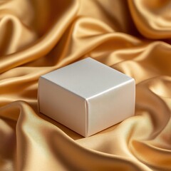 Elegant white gift box on luxurious gold silk fabric, perfect for showcasing treasures or special presents.