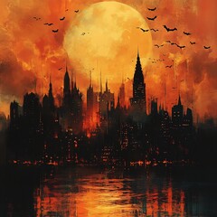 Aufkleber - Cityscape in Halloween style with orange and yellow hues creating a spooky backdrop