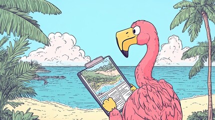 Sticker - A Pink Flamingo Holding a Map on a Tropical Beach