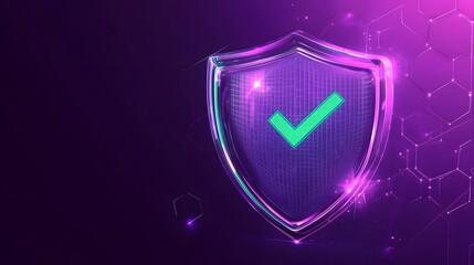 Protection. Healthcare. Insurance. Cyber security. Network safety. Protection shield with green Check mark icon inside transparent sphere shield with hexagon pattern on purple background. Vector illus