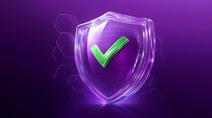 Protection. Healthcare. Insurance. Cyber security. Network safety. Protection shield with green Check mark icon inside transparent sphere shield with hexagon pattern on purple background. Vector illus