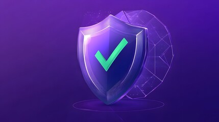 Protection. Healthcare. Insurance. Cyber security. Network safety. Protection shield with green Check mark icon inside transparent sphere shield with hexagon pattern on purple background. Vector illus