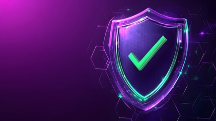 Fototapete - Protection. Healthcare. Insurance. Cyber security. Network safety. Protection shield with green Check mark icon inside transparent sphere shield with hexagon pattern on purple background. Vector illus