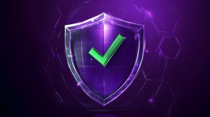 Protection. Healthcare. Insurance. Cyber security. Network safety. Protection shield with green Check mark icon inside transparent sphere shield with hexagon pattern on purple background. Vector illus