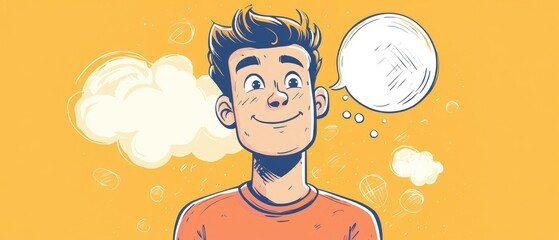 Line art illustration depicting a cheerful man with a thought bubble