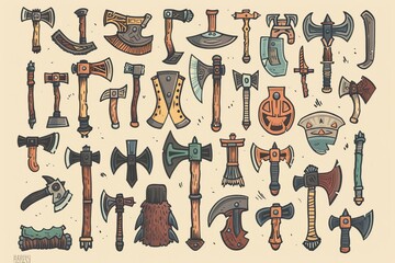 Wall Mural - Axe icon, ax symbol, doodle sketched hatchet sign, cleaver emblem, woodcutter equipment, tomahawk pictogram