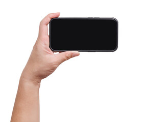 a hand holding a mockup smartphone with empty transparent screen in horizon landscape view. backgrou