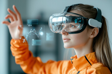 Aufkleber - young woman wearing augmented reality glasses interacts with digital graphs and data projections, showcasing future of technology and innovation