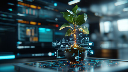 Aufkleber - small plant with glowing roots is displayed in futuristic pot, surrounded by digital interfaces and technology. This image symbolizes fusion of nature and technology, showcasing innovation and