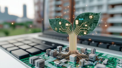Aufkleber - digital representation of plant growing from circuit board, symbolizing fusion of technology and nature. This image captures essence of innovation and sustainability in modern context